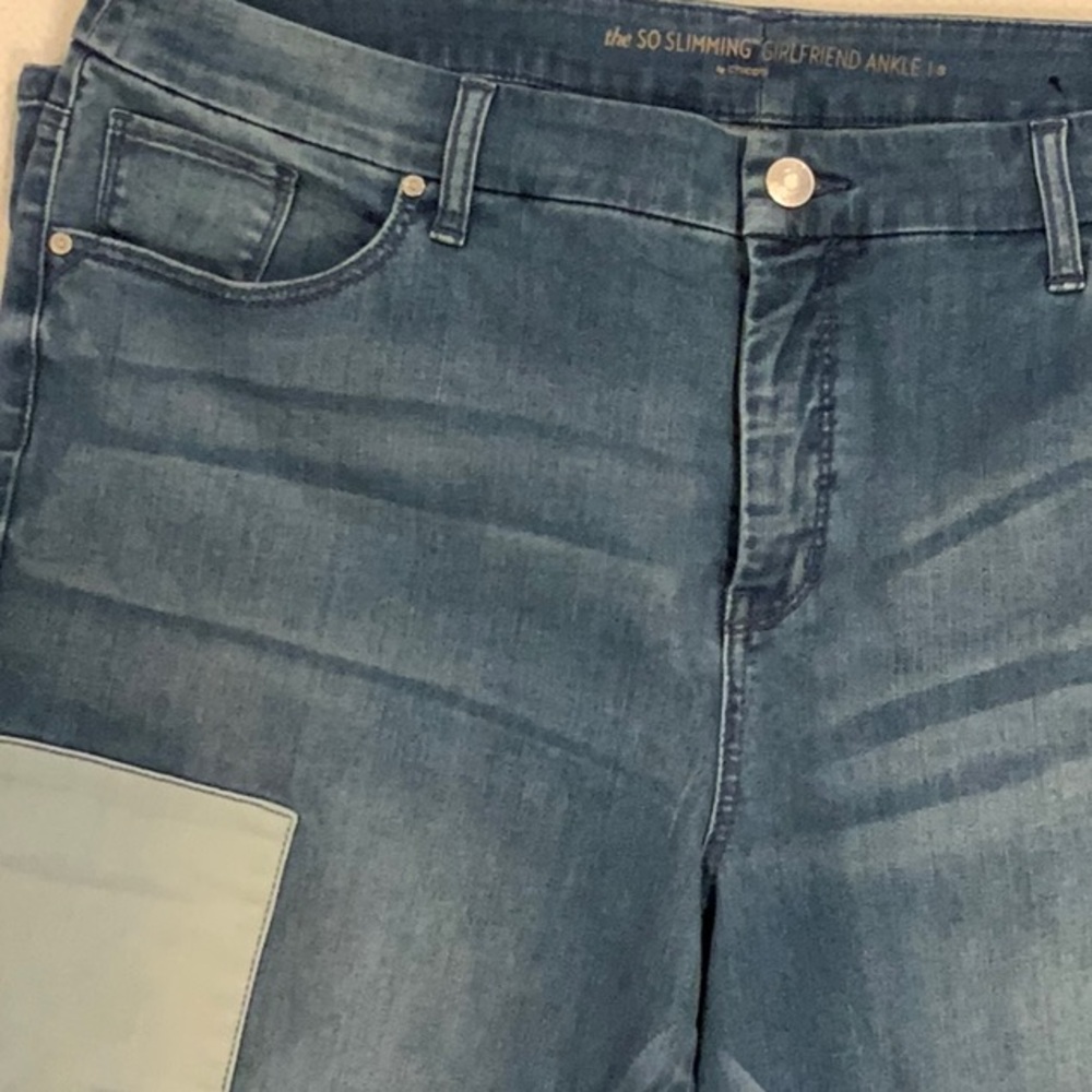 Chicos, The So Slimming Girlfriend Ankle with patches on legs.  Chicos size 3